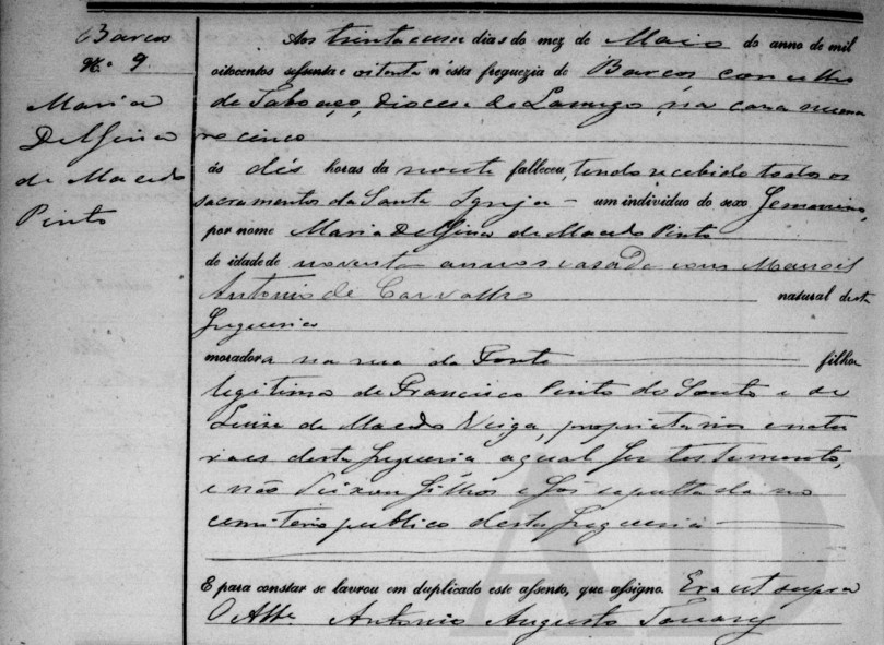 Óbito de Maria Delfina de Macedo Pinto